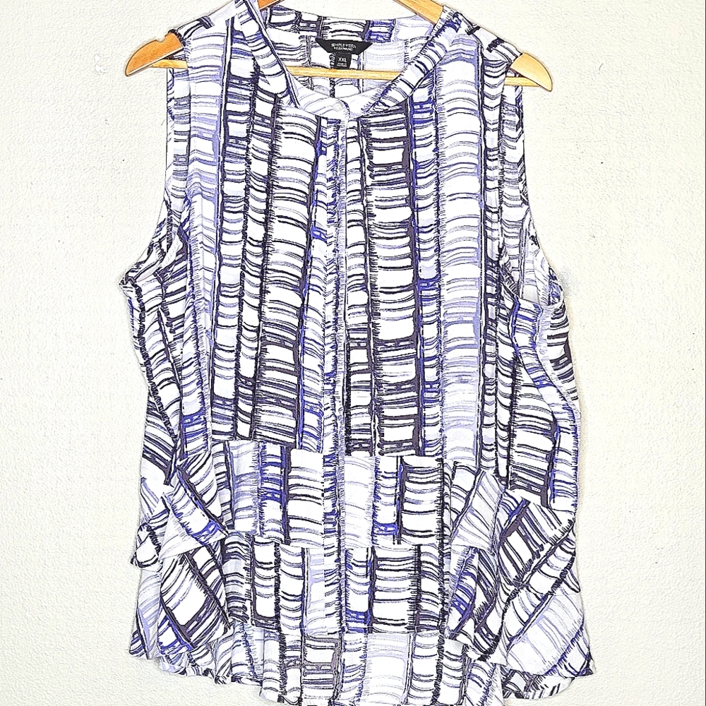 Simply Vera Blue and White Mandarin Collar Sleeveless Blouse Size XXL